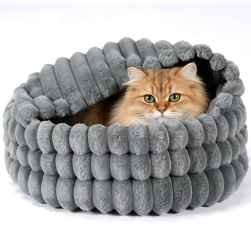 2 in 1 Cat Cave Bed-20.5 in, Washable Round Faux Rabbit Fur Calming Cat Bed