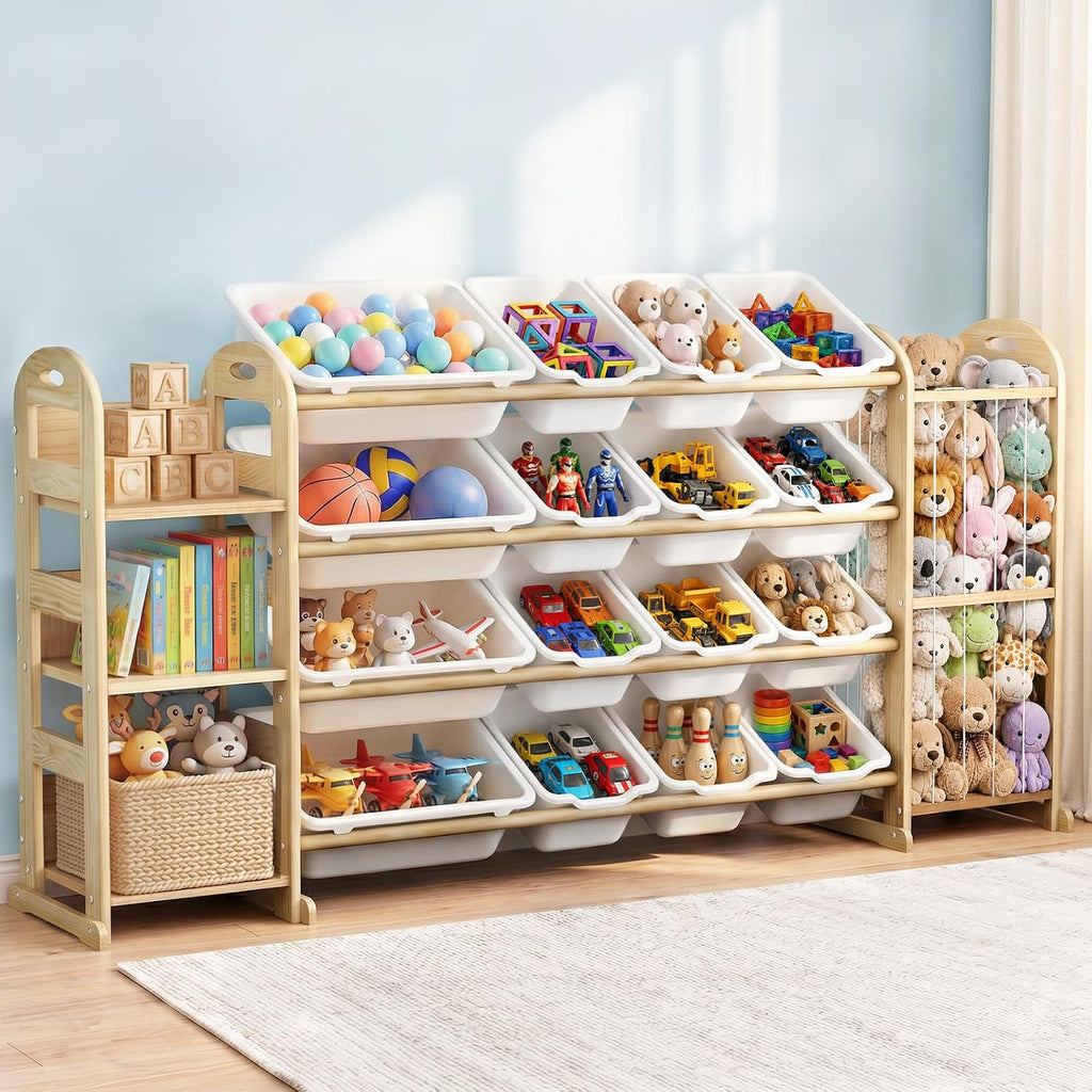 Large Toy Storage Organizer with 16 Bins, 3-Shelf Bookshelf, White | Toy Organizers with Stuffed Animal Storage