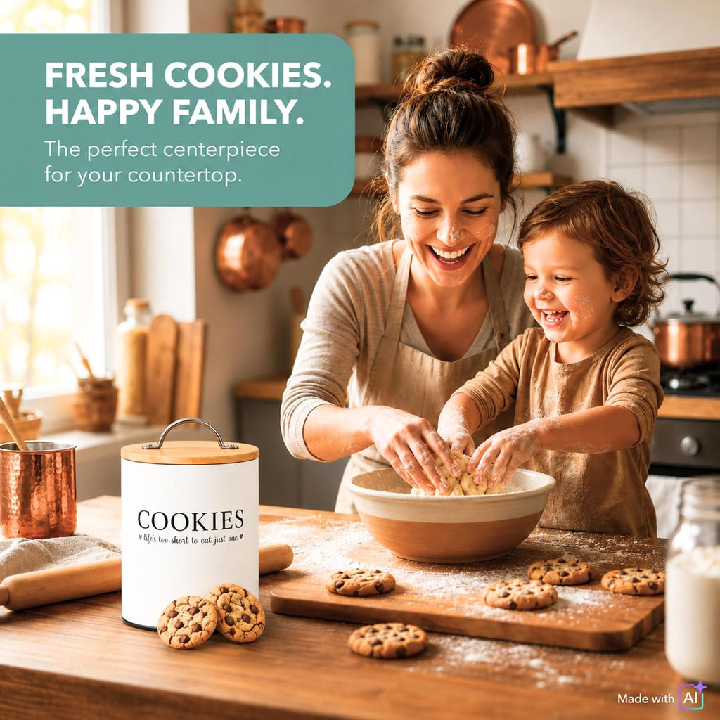 Cookie Jar with Airtight Bamboo Lid - 0.6 Gallon Cute and Decorative Cookie Storage Countertop - Farmhouse Storage