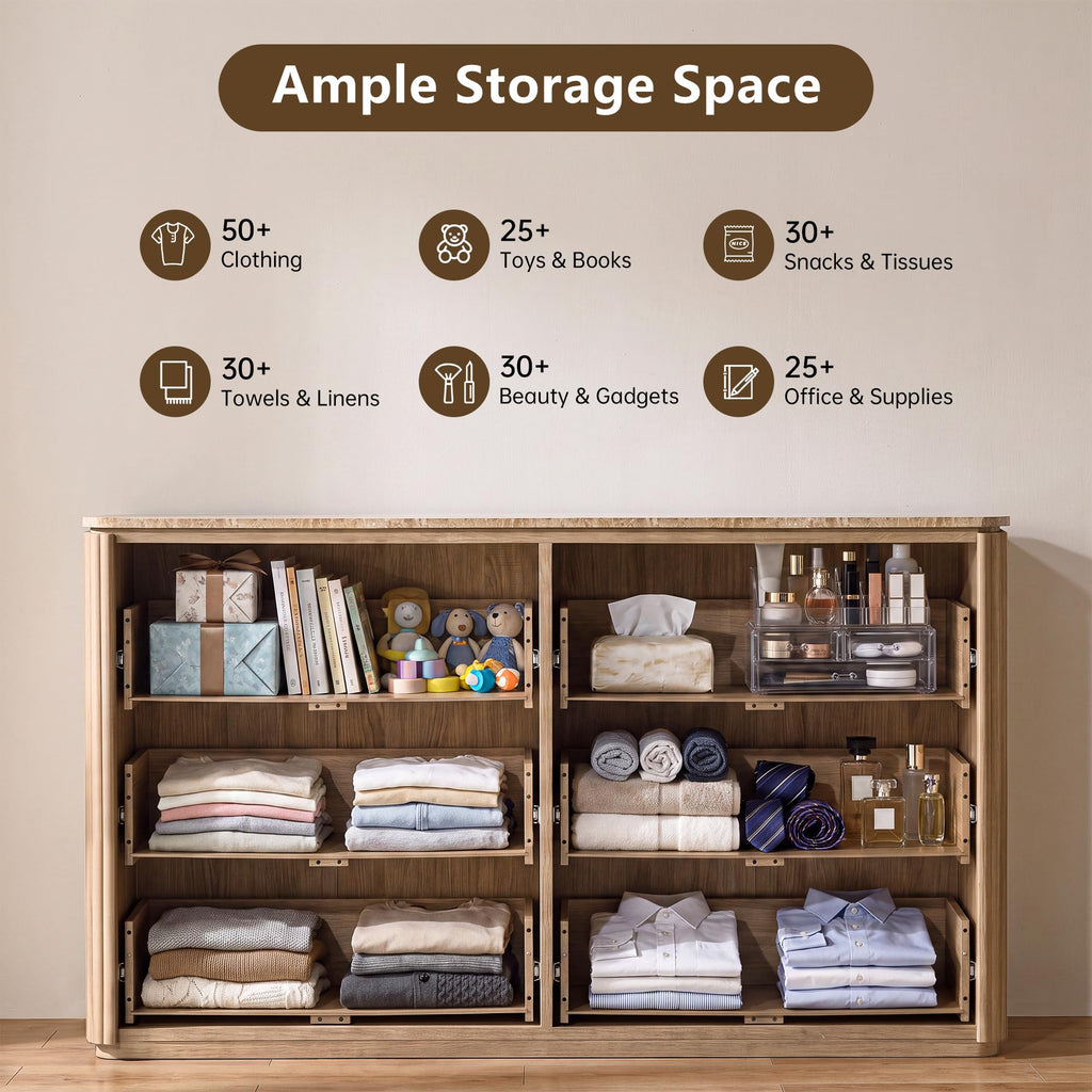 54"W Fluted 6 Drawer Bedroom Dresser, with Faux Marble Top, Natural Oak