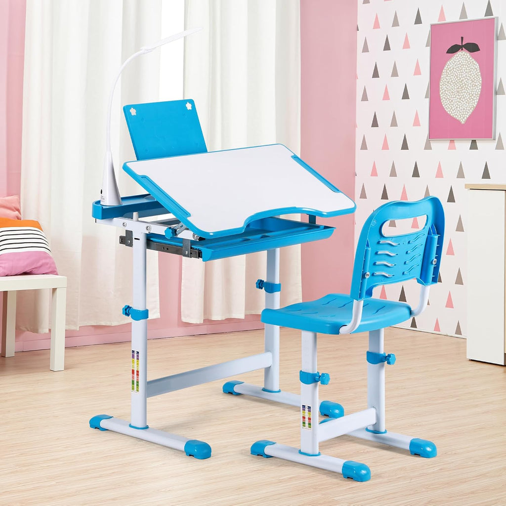 Kids Study Desk and Chair Set, Height Adjustable Children's Desk with LED Lamp, Tilting Desktop, Pull-Out Drawer