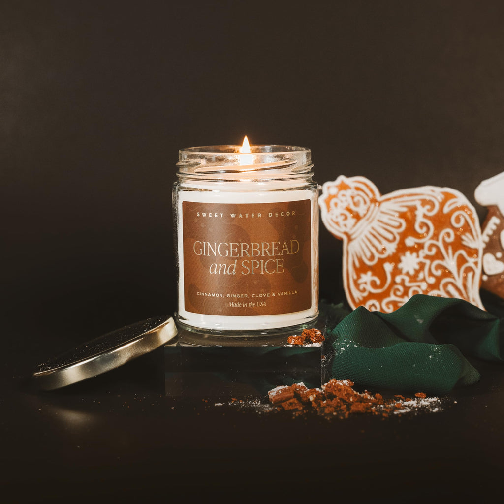 Gingerbread and Spice Candle - Orange, Lemon, and Gingerbread Soy Christmas Candles - Gold Foil Pattern 9oz Clear