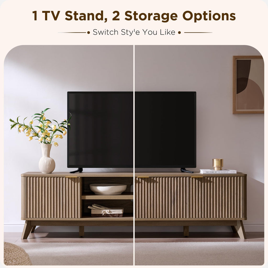 70" Mid Century Modern Fluted TV Stand, 4-Door Storage, Alder Grey