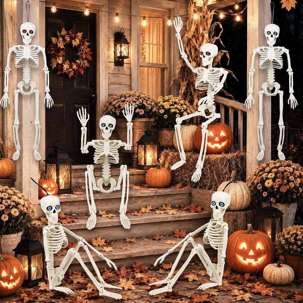 Halloween Skeleton Decor 16" with Eyes & Box (White) - Set of 6