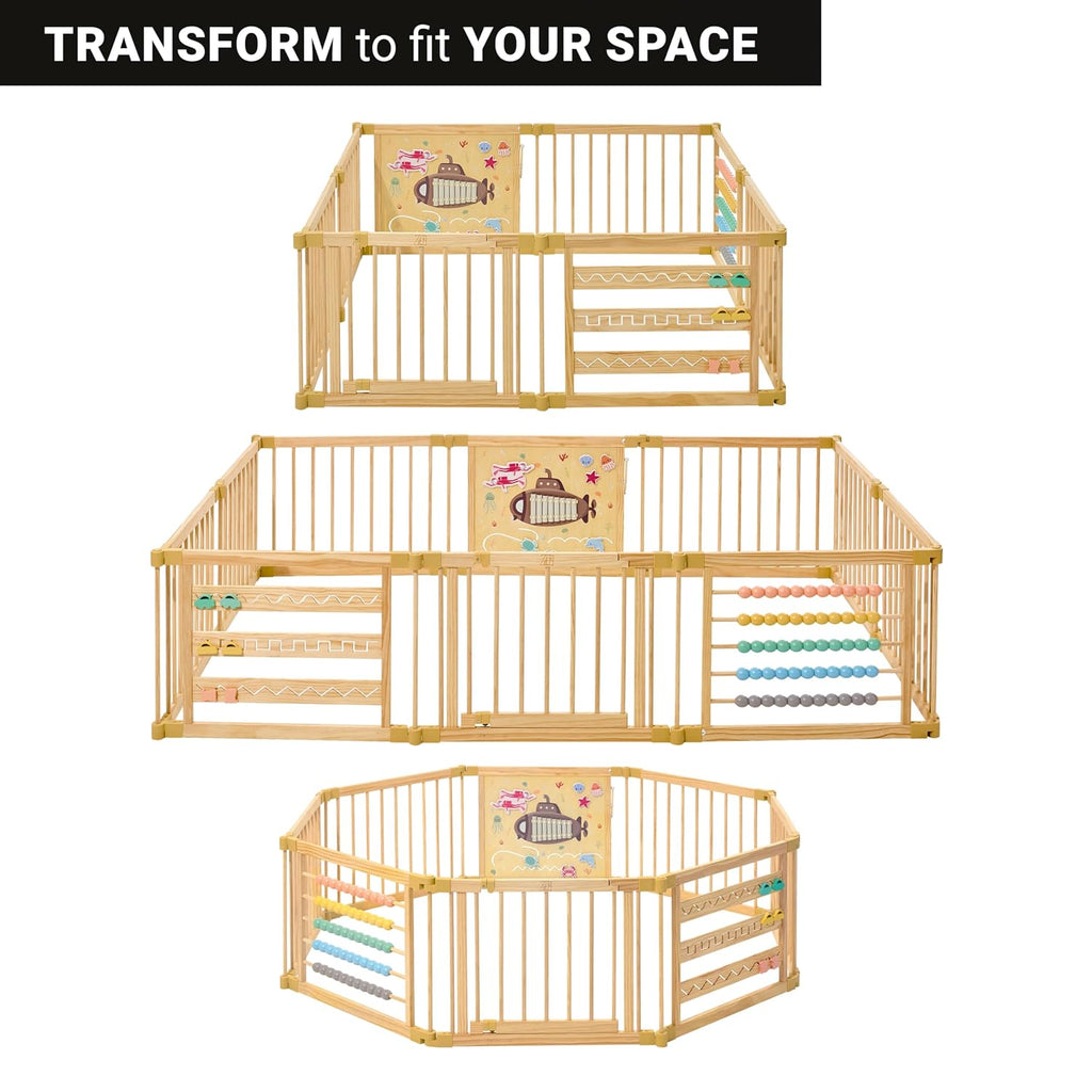 Wooden Playpen Extra Large for Toddlers and Babies - Under The Sea Theme Toy Design - (8/10) Wood Panels - Foldable