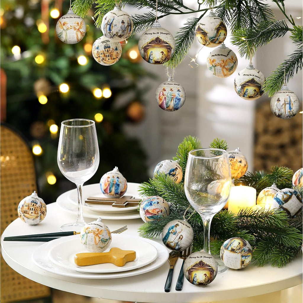 Nativity Scene Christmas Tree Ornaments Ball Christmas Jesus Decorations for Tree Vintage Christian Religious - Set of 24
