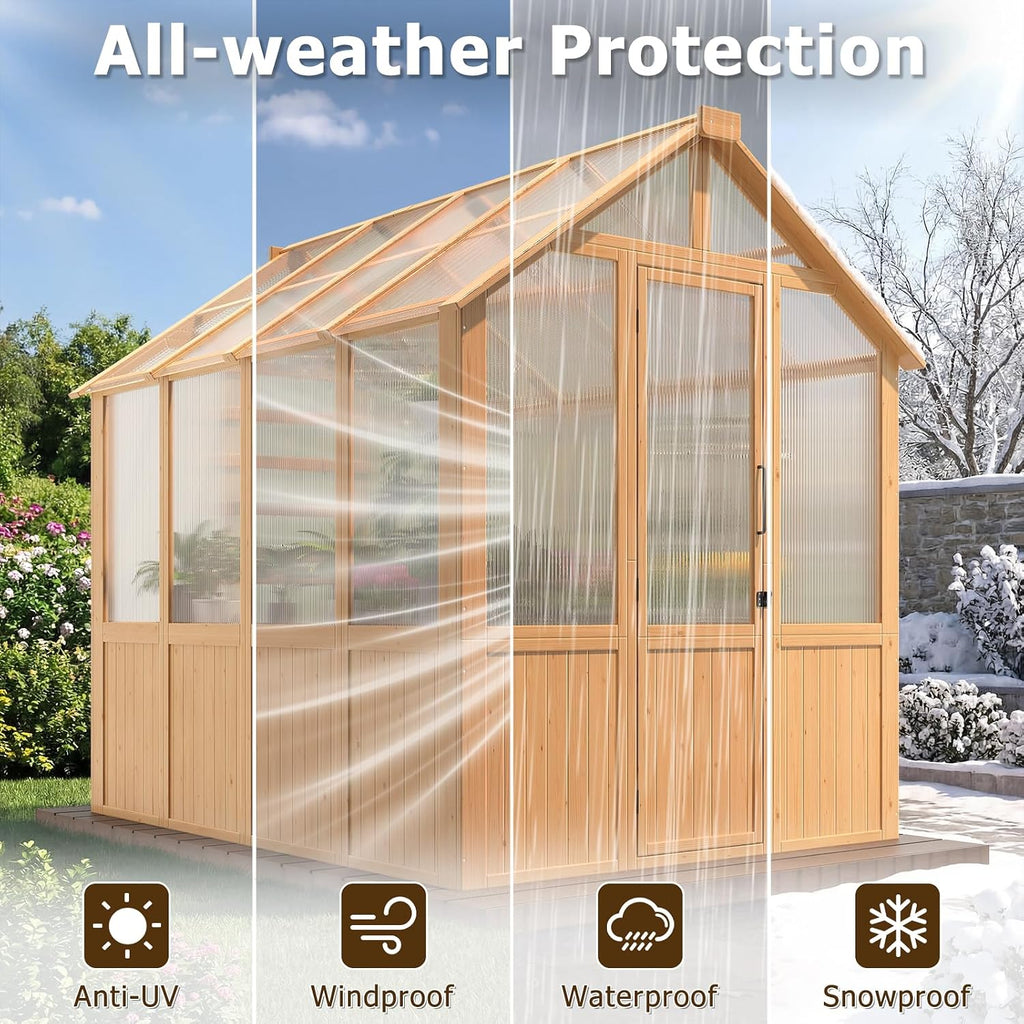 6x8 FT Wooden Greenhouse for Outdoors, Walk-in Greenhouse Kit with 4mm Polycarbonate Panels, Adjustable Roof Vent and