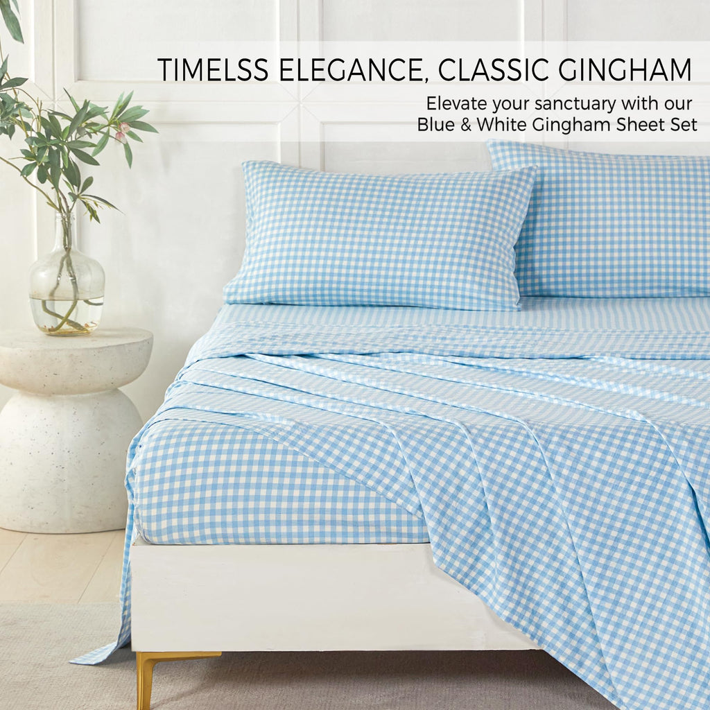 Light Blue Plaid Sheets 4-Piece Set Soft Brushed Microfiber Gingham Bed Sheets 16" Deep Pocket Coastal