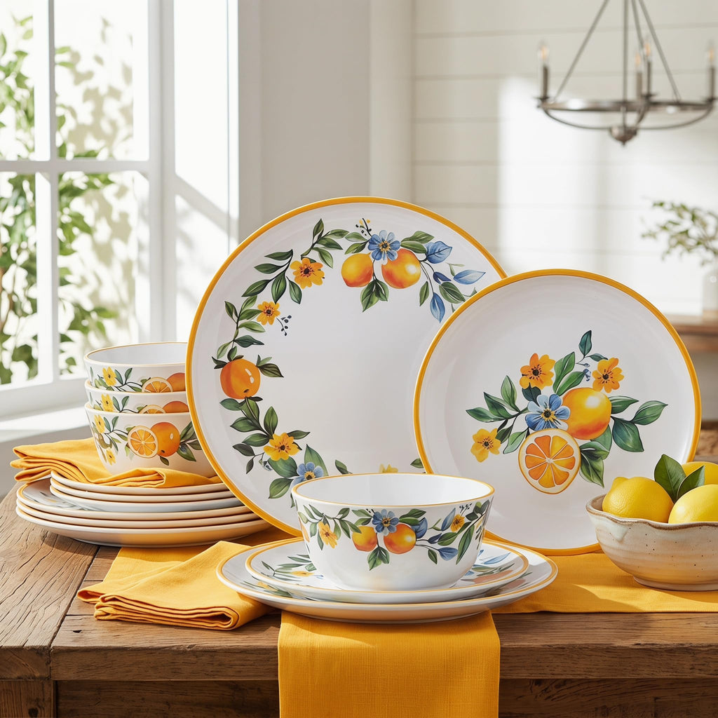 Lemon Dinnerware Set for 4, 12-Piece Melamine Plates and Deep Bowls