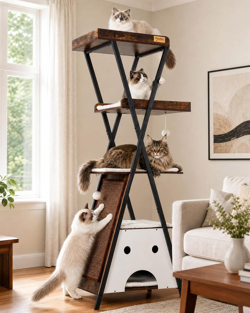 Modern Wood Cat Tree Tower for Indoor Cats Large Adult 67-in Tall