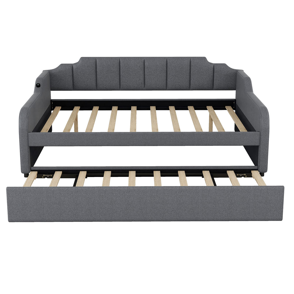 Full Daybed with Pop-up Trundle Upholstery Day Bed Frame with USB Charging Ports Modern Sofa Beds with Adjustable