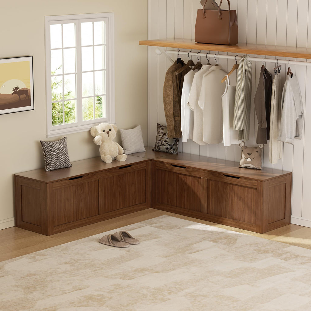 L Shaped Bench with Storage, 63" Breakfast Nook Benches, Wood Kitchen Corner Dining Bench Seating, Walnut Brown