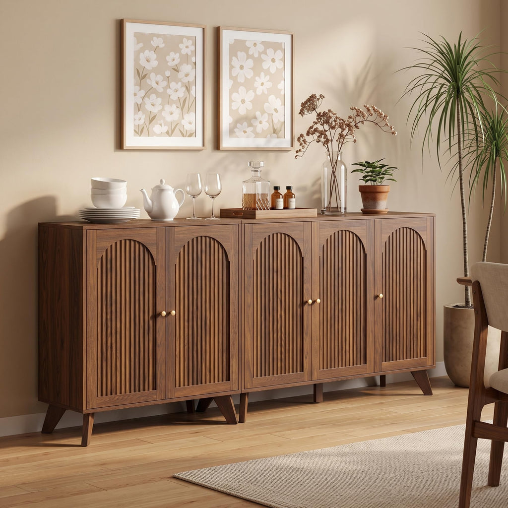 Modern Arched Storage Cabinet 95"W Wood Sideboard Buffet Cabinet Walnut