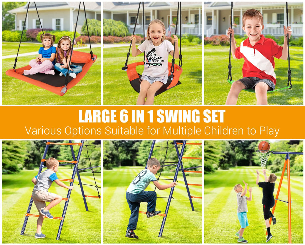 Swing Sets for Backyard 700 lb - 6 in 1 Playground Sets with 3 Swings Seats