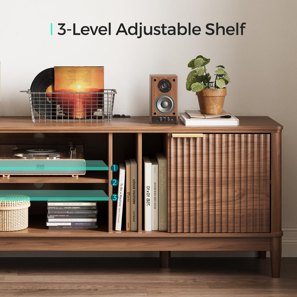 Mid Century Modern Fluted TV Stand for 75" TV, Walnut | Entertainment Center with Storage Cabinet, Sturdy TV Console