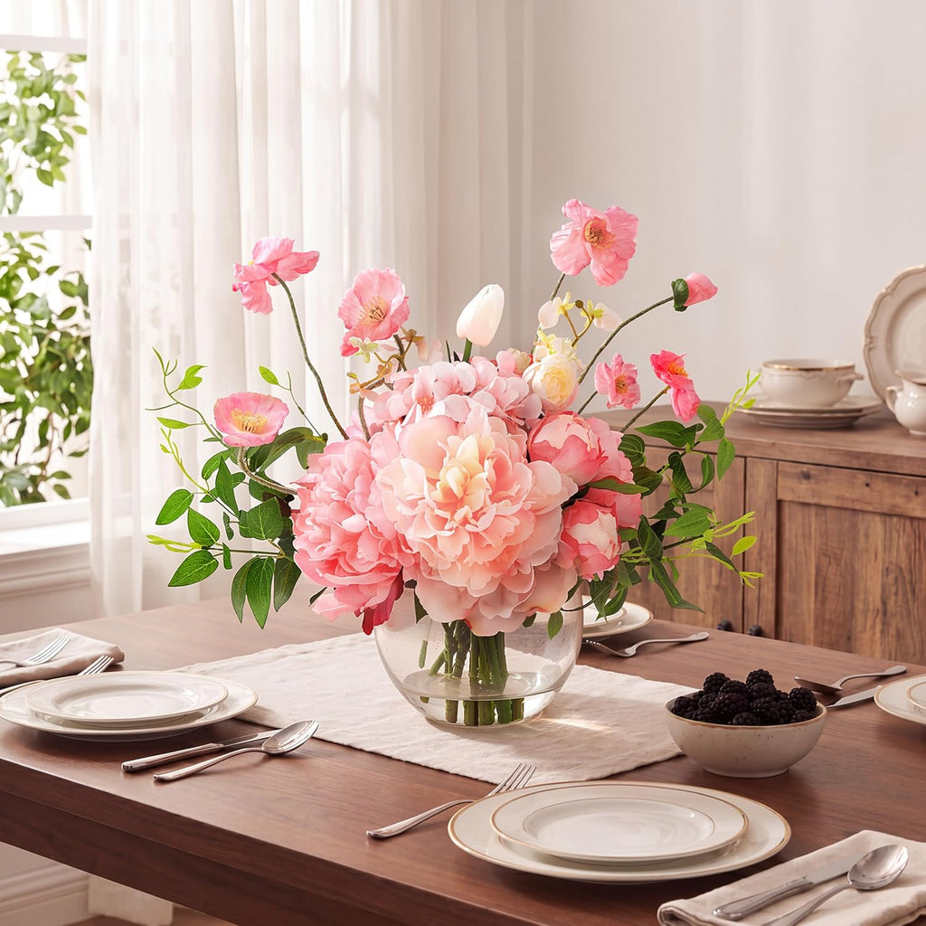 Peonies Artificial Flowers in Vase, Pink Artificial Flowers with Faux Water, Silk Peonies Flowers Arrangements Indoor