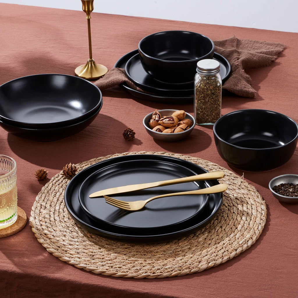 16 Piece Dinnerware Sets with Double Bowls for 4, Black Onyx