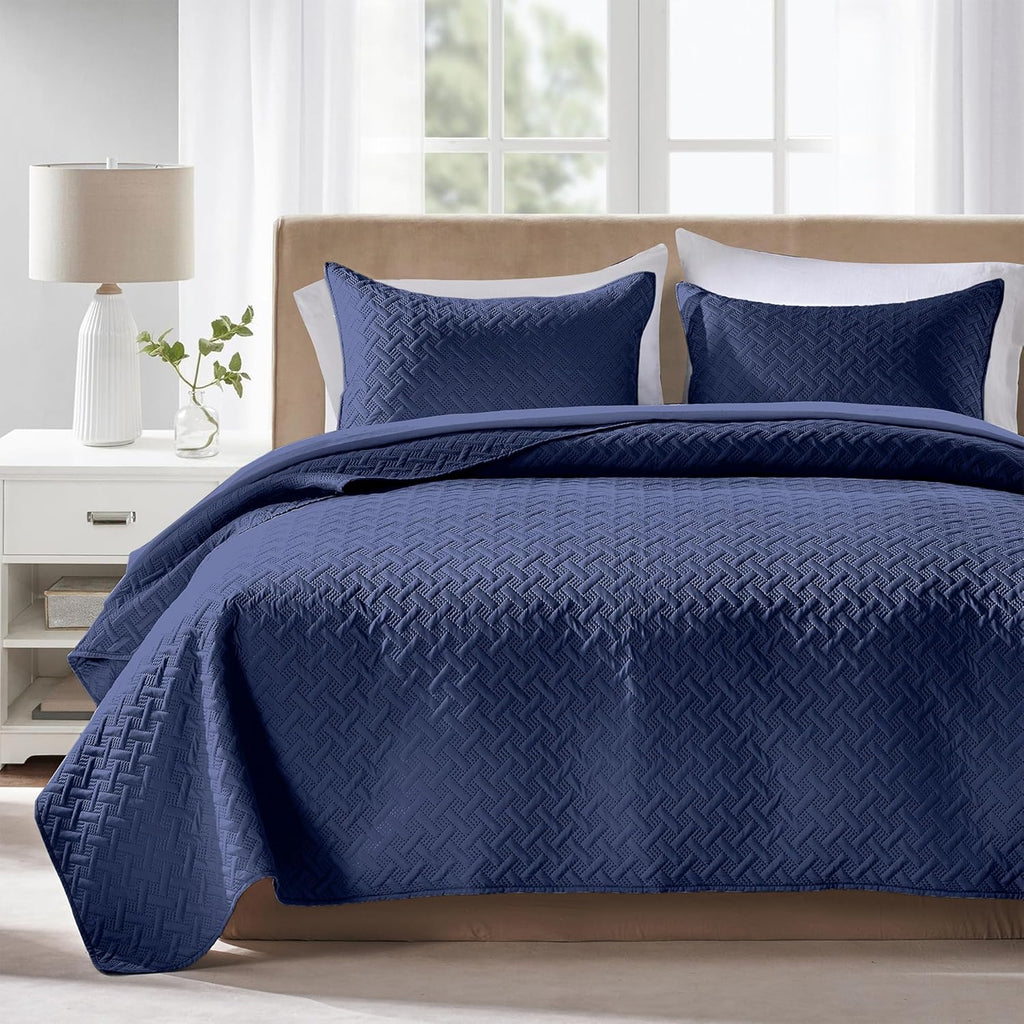 Quilts Queen - Ultra Soft Navy Blue Quilt Lightweight Microfiber Bedspreads, Classic Basket Weave Pattern Bedspread