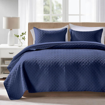 Quilts Queen - Ultra Soft Navy Blue Quilt Lightweight Microfiber Bedspreads, Classic Basket Weave Pattern Bedspread