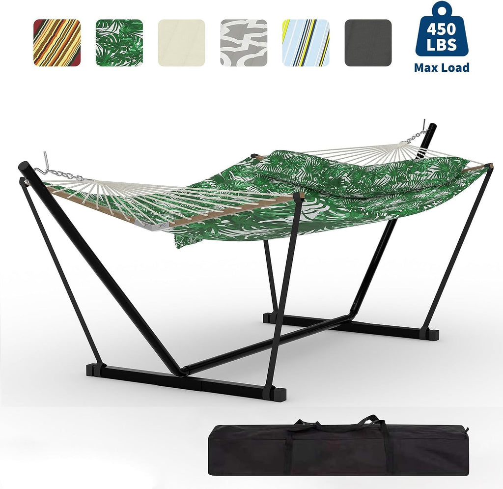 2 Person Outdoor Hammock with Stand, Green Banana Leaf Color | 450 LBS Heavy Duty Anti-Tipping Frame with Balance