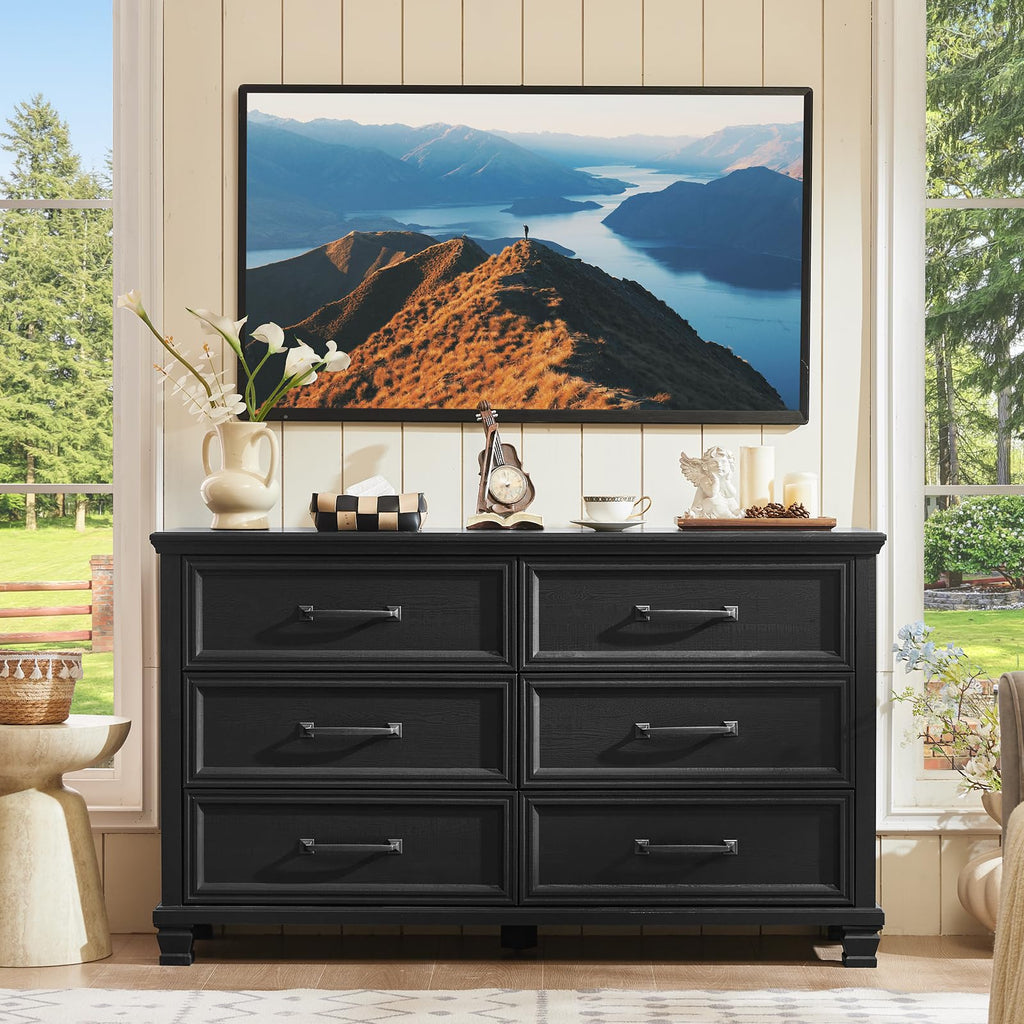 Farmhouse Black 6 Drawer Dresser, 54 inch Wide Vintage Large Chest of Drawers with Square Wood Legs, Rustic TV