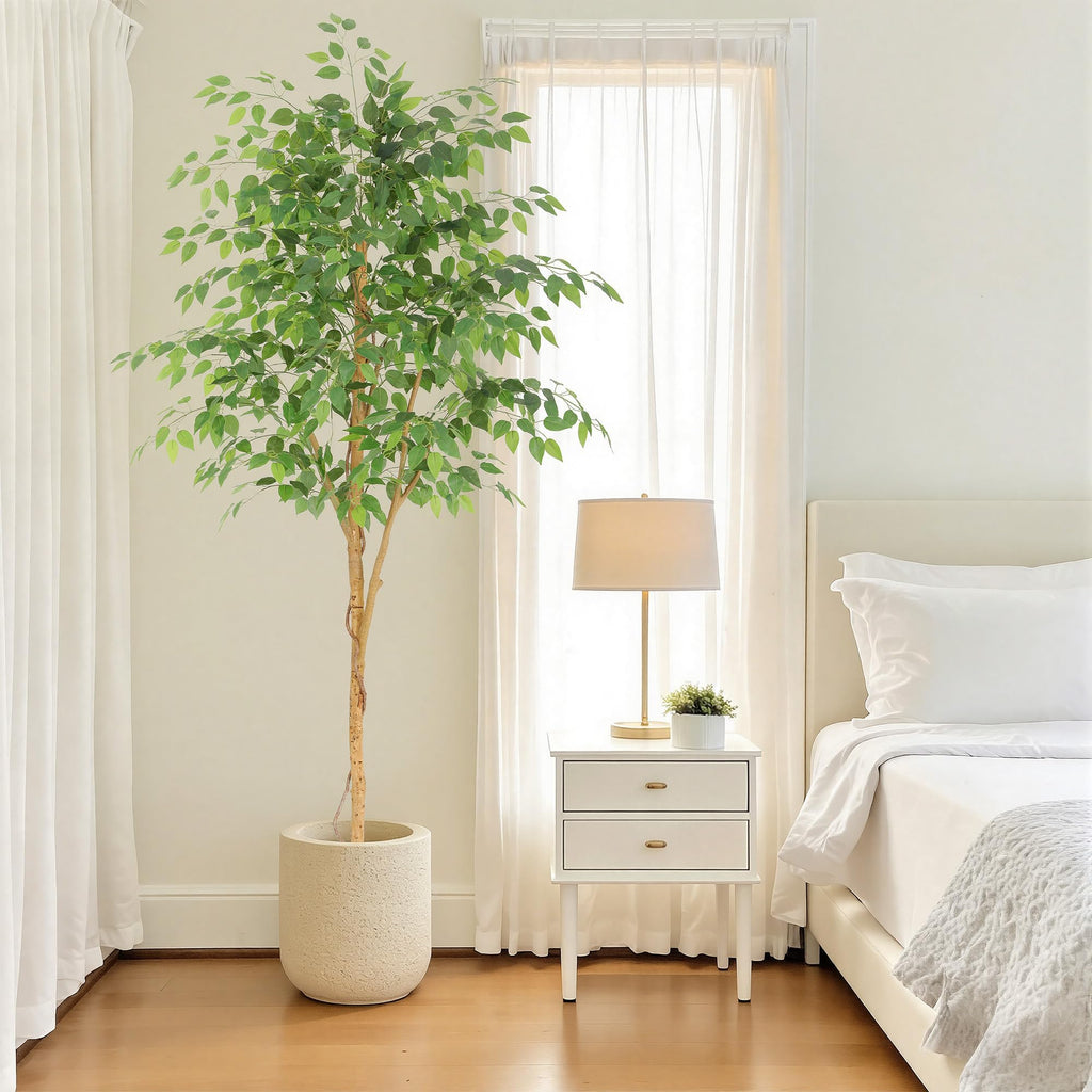 7ft Faux Ficus Tree with Real Wood Trunk, 84in Fake Ficus Tree with Lifelike Leaves, Ficus Tree Artificial Bedroom