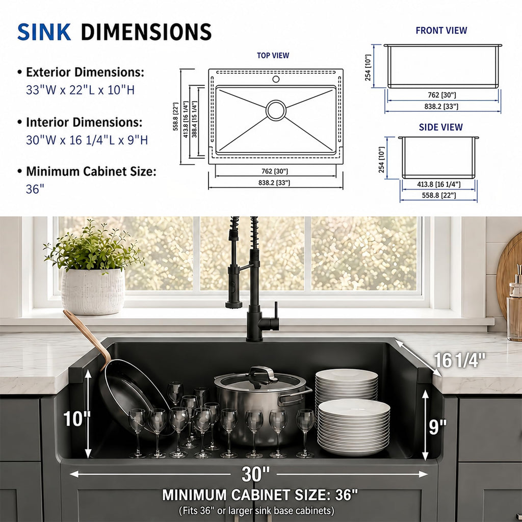 33 Inch Black Farmhouse Sink, 16 Gauge Drop-In Apron Front Sink