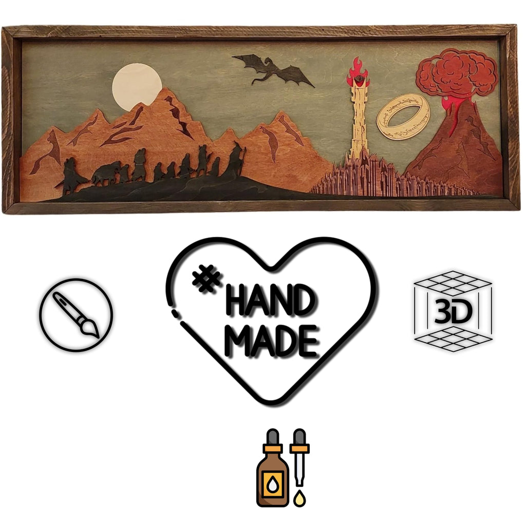 Handmade 3D Wooden Wall Art - Layered Volcano Silhouette Home Decor or Game Room