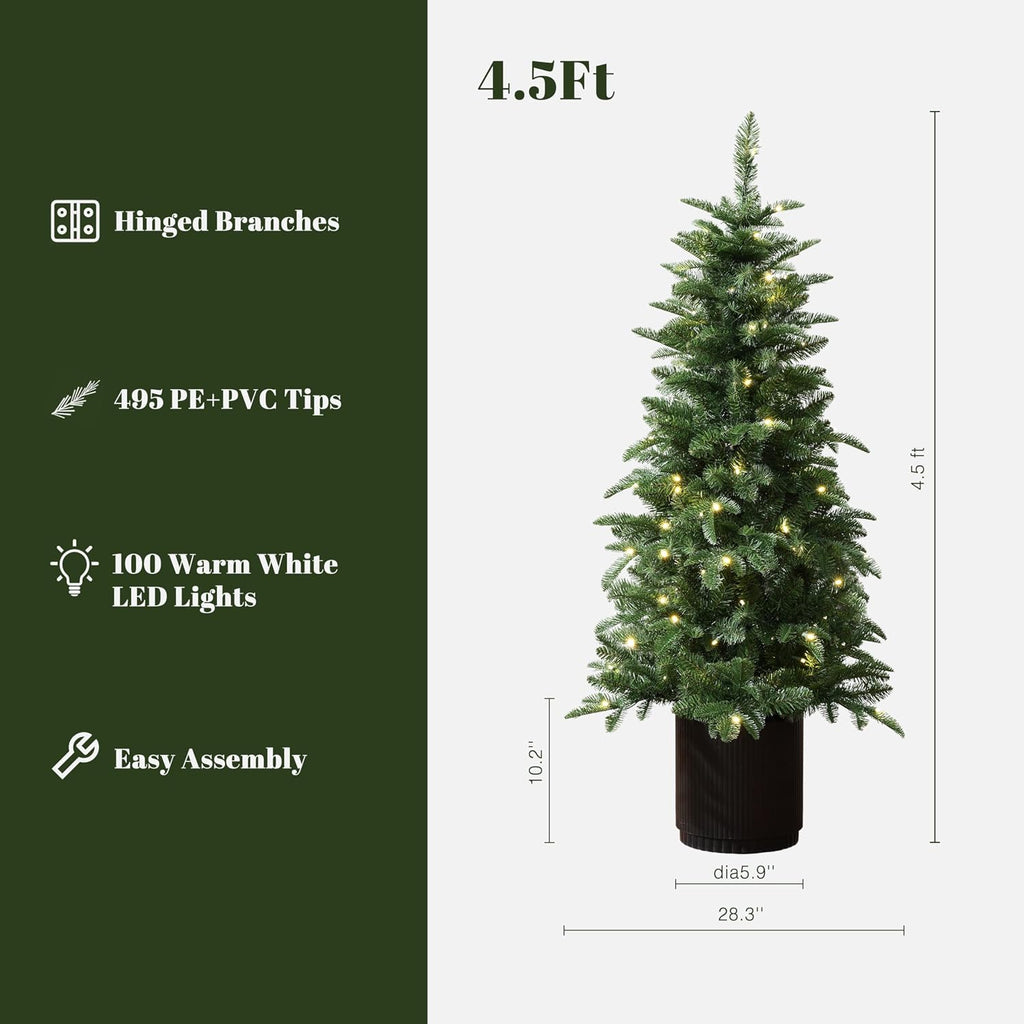 LuxenHome 4.5FT Prelit Slim Potted Christmas Tree