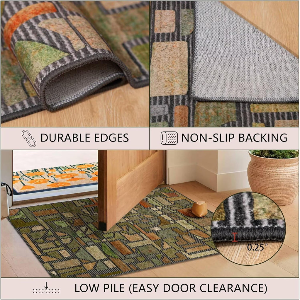 Area Rug, Vintage Checkered Abstract Rugs, Washable Modern Non Slip Soft Low Pile Indoor Floor Carpet Office