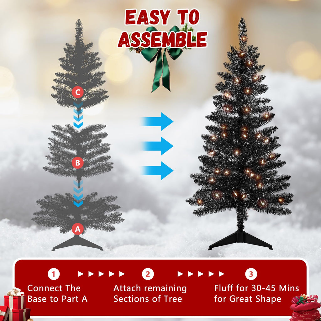 4ft Artificial Full Black Christmas Tree with Separate Lights, Not Pre-lit Mini Black Tinsel Pine Christmas Tree, 50