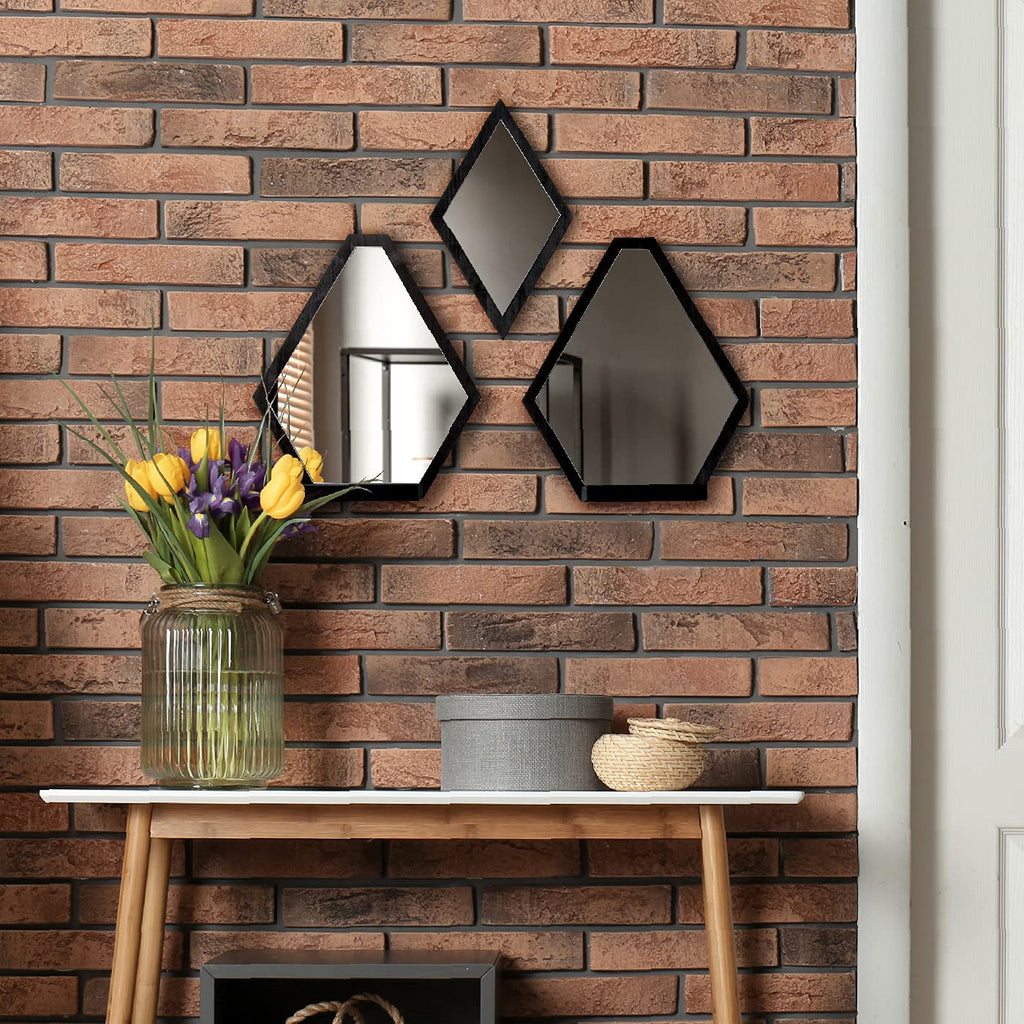 Design Wall Mount Decorative Mirrors- Set of 3, Geometric Rustic Wood Real Mirror with Shelf Wall Art Décor