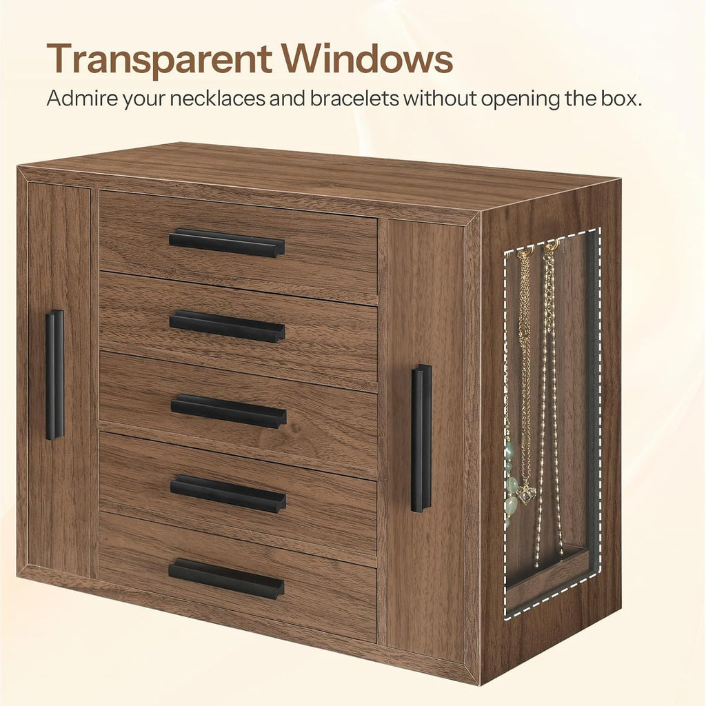 5-Tier Jewelry Box, Wooden Jewelry Organizer with Transparent Window