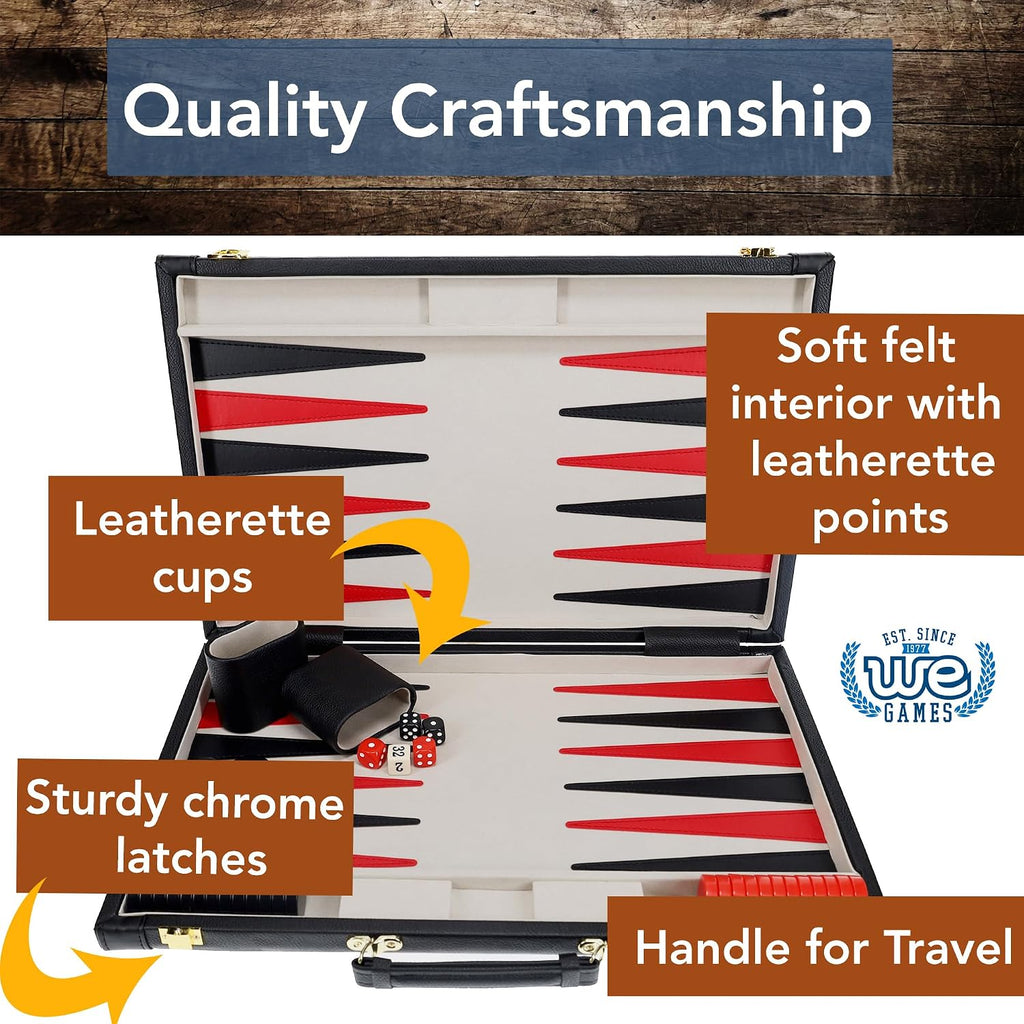 Backgammon Set, Elegant Black Leatherette Case, 21 x 12.5 in. Closed; 25 x 21 in. Open, Family and Adult Board Games