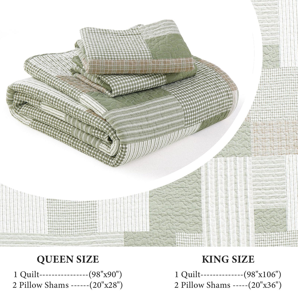 Plaid Quilt Set, Patchwork Light Green Quilt Bedding Set, 100% Cotton Bedspreads, Farmhouse Rustic