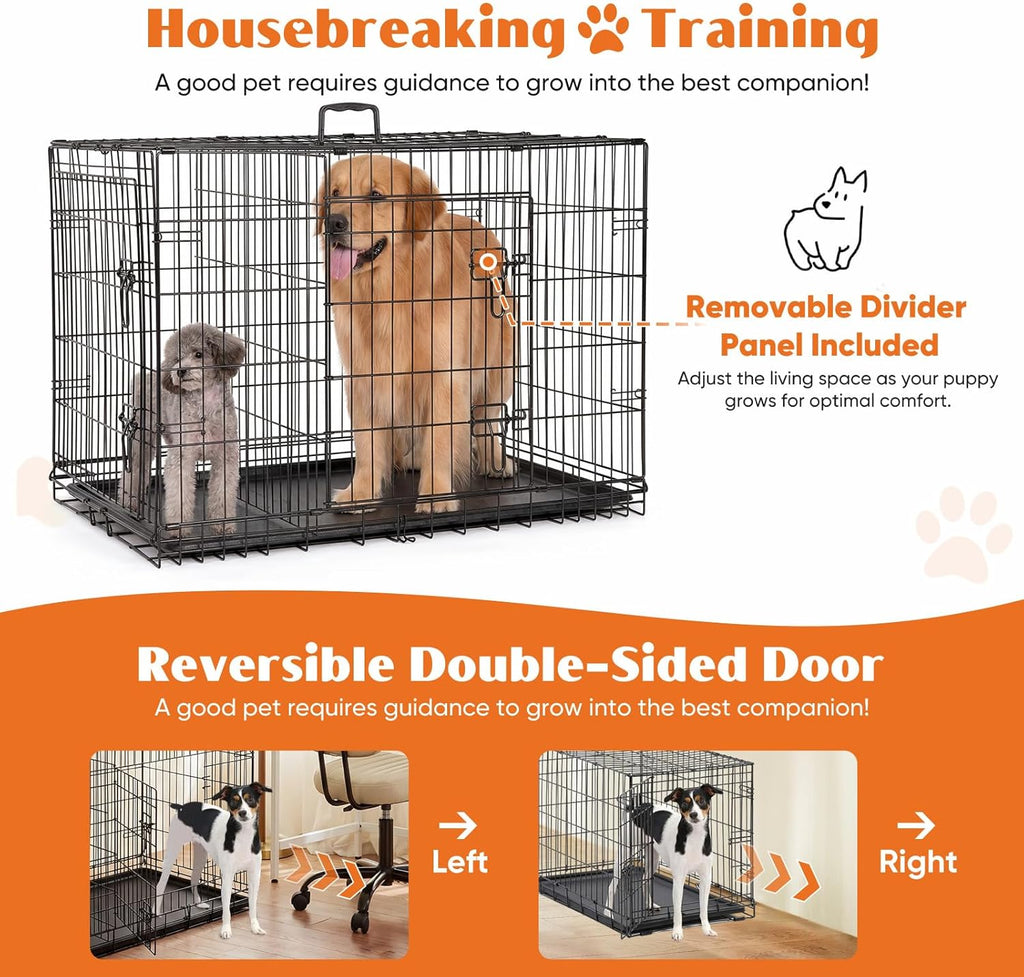 Large Dog Crate, 36 Inch Double Door Folding Metal Wire Dog Cage with Plastic Leak-Proof Pan Tray