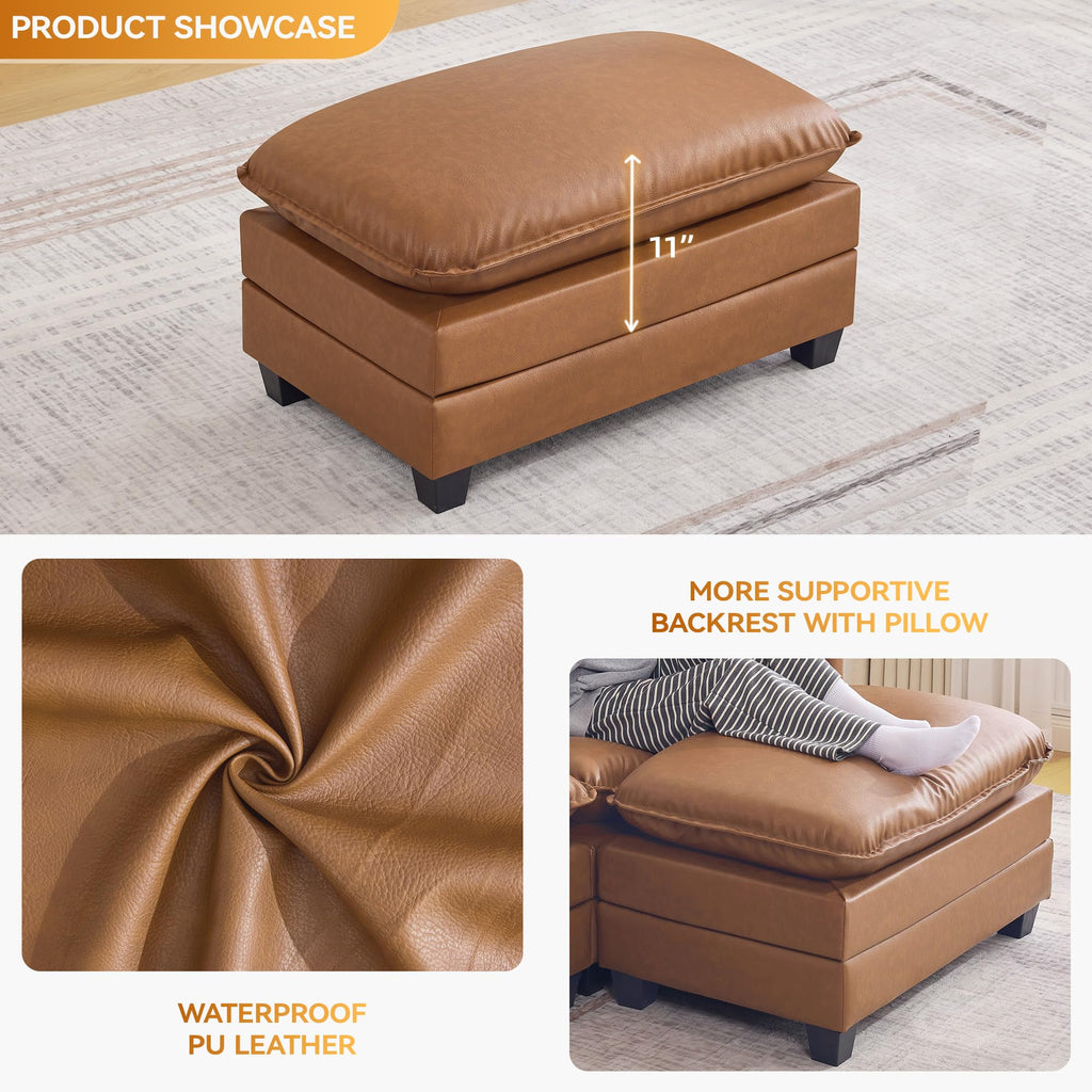 35'' Modern Leather Cloud Sofa Ottoman, Rectangle Ottoman for Modular Sectional Sofa, Leather Light Brown