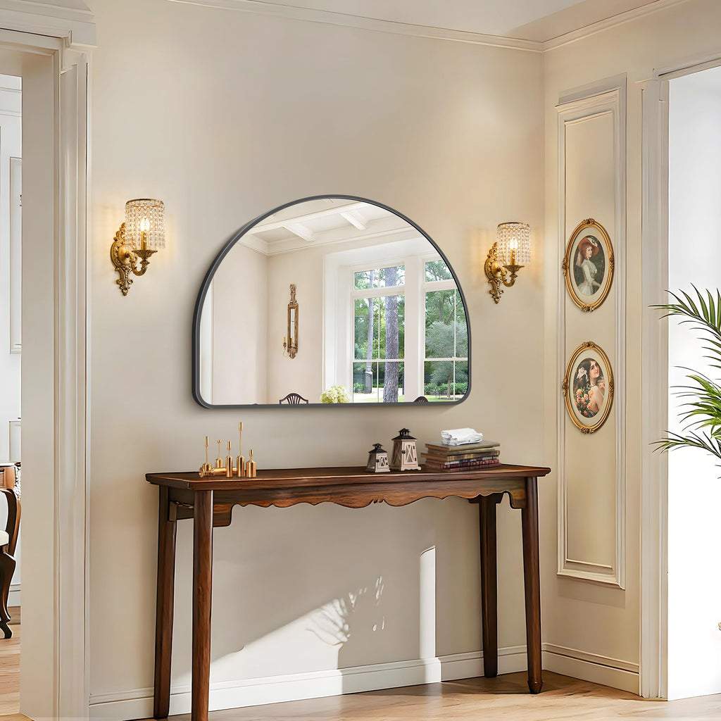 Arched Bathroom Mirror 40x30 Inch, Black Bathroom Mirror Wall Mounted Modern Aluminum Alloy Frame Arch Mirror Living