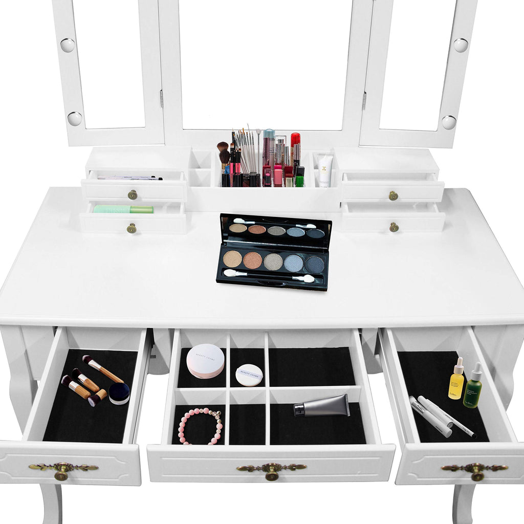 Vintage Vanity Set with 10 Hollywood LED Light Bulbs, Stool and Mirror, White