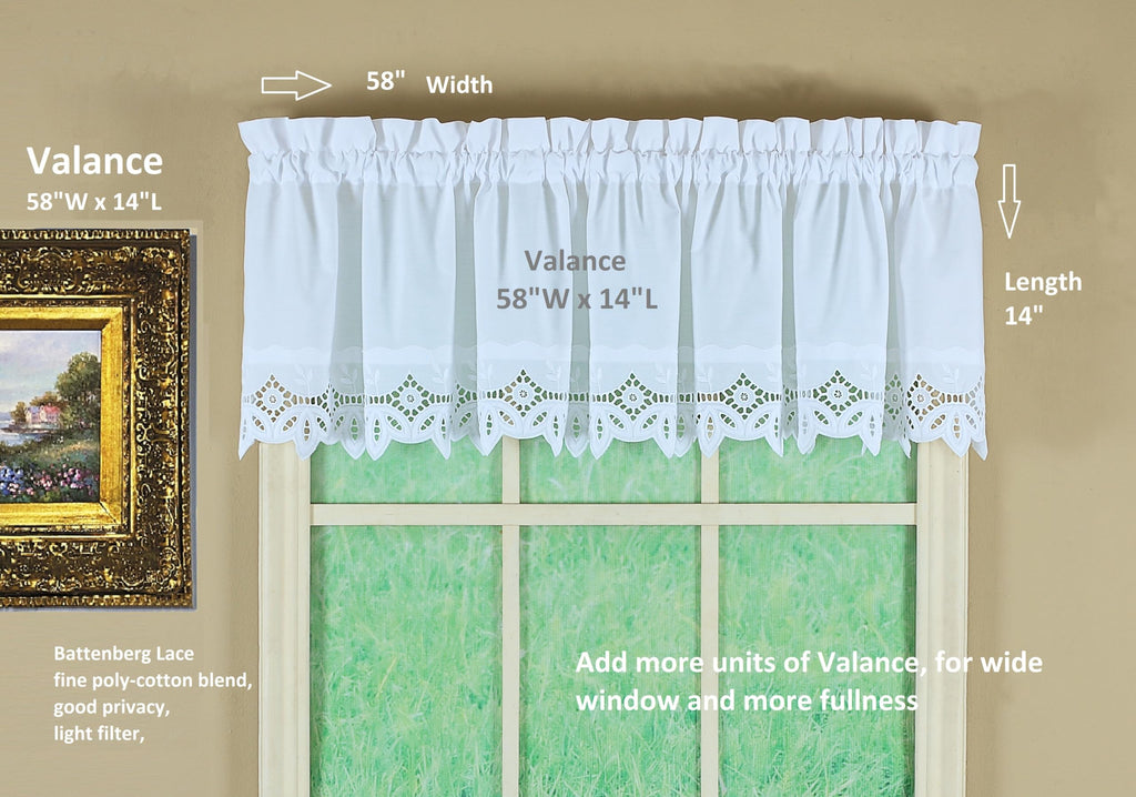 Heirloom Battenberg Eyelet Valance 14", White, 58"W x 14"L