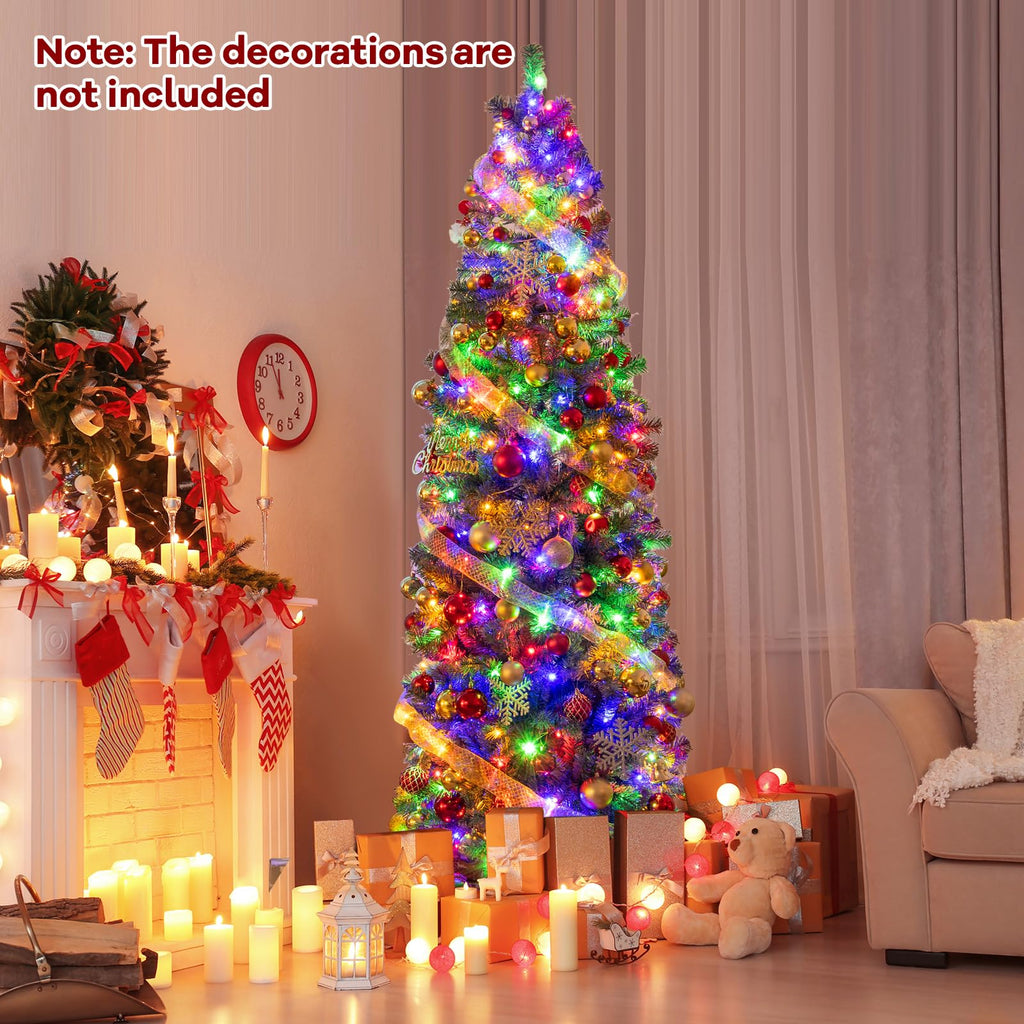 7.5 FT Pre-lit Pencil Christmas Tree, Hinged Artificial Xmas Tree w/ 724 Blue Branch Tips, 250 Warm White &
