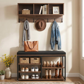 Coat Rack with Shoe Bench, 3-in-1 Shoe Coat Rack Combo Set with Hooks and Bookshelf, Steel Frame Hall Tree Entrance