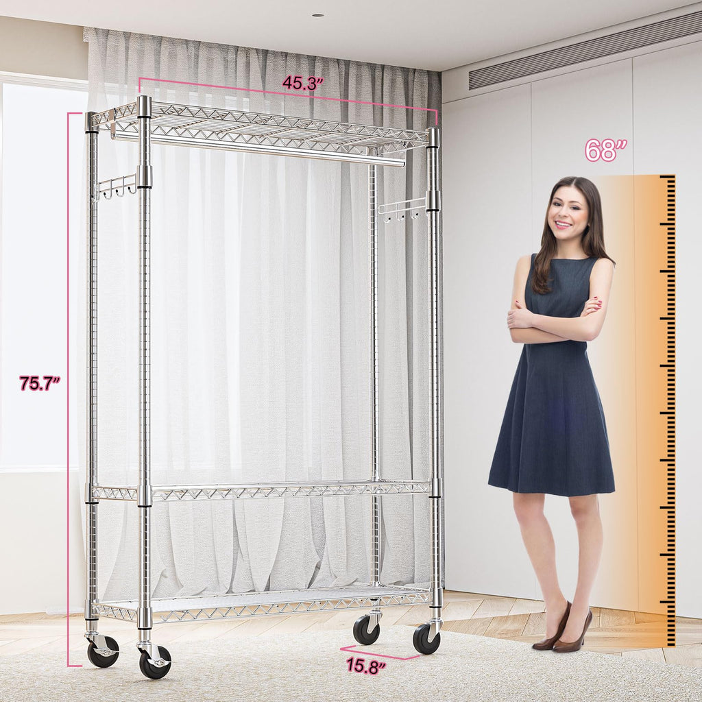 Heavy Duty Rolling Garment Rack 3 Tiers Adjustable Wire Shelving Clothes Rack with 1 Rods and Side Hooks,Storage