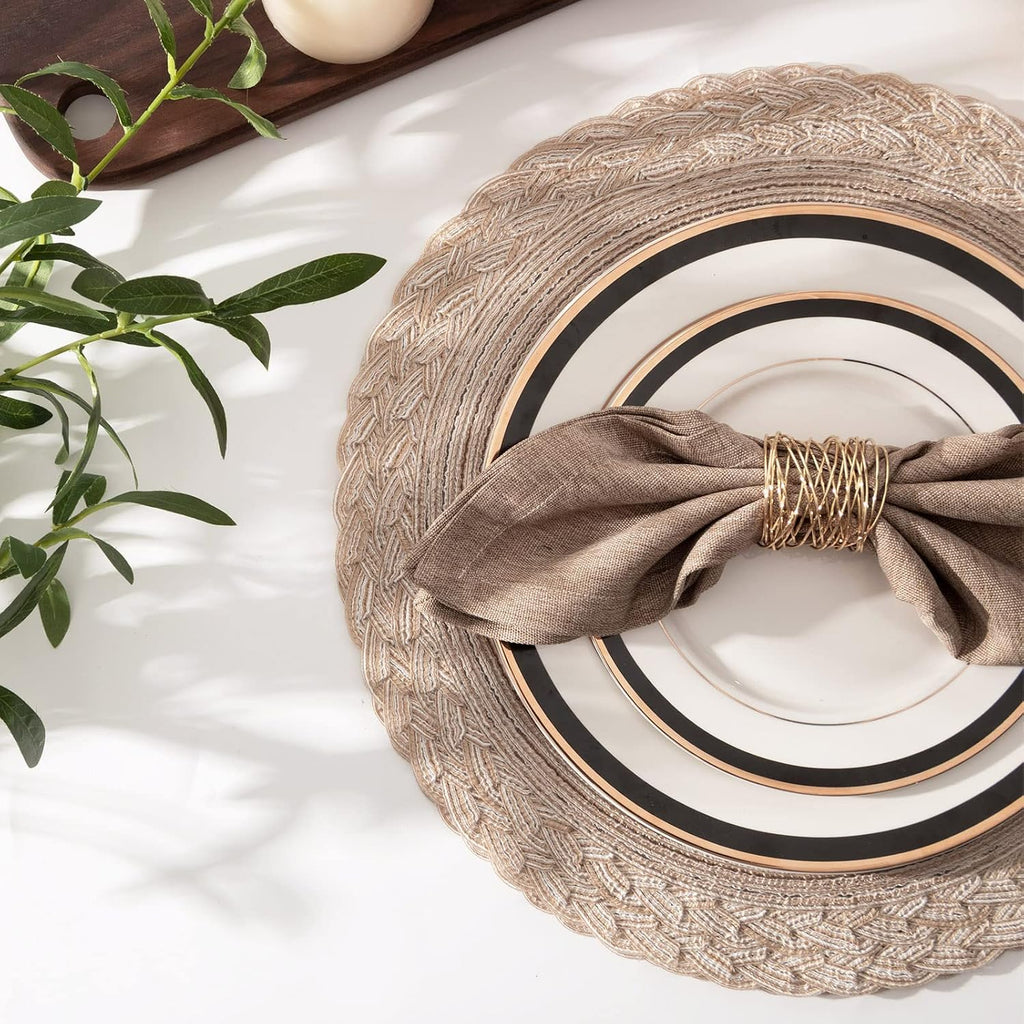 15 inch Round Placemats Boho Woven Braided Border Table Mats Washable Heat Resistant Circle Place Mats - Set of 6