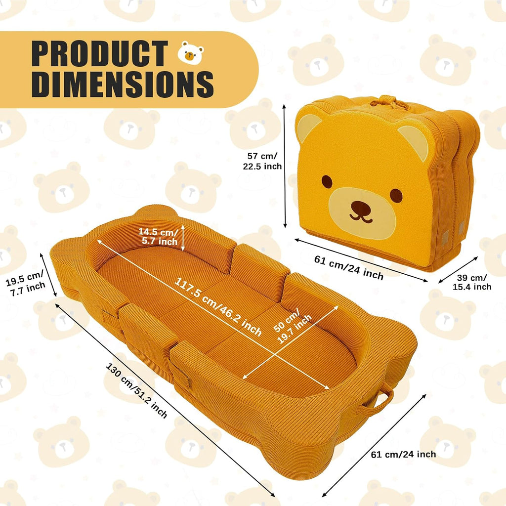 Toddler Travel Bed, Portable&Foldable Toddlers Floor Beds, Bear Style Soft Foam Crib for Baby and Kid, Washable Cover
