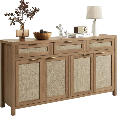 63" Rattan Sideboard Buffet Cabinet, Boho Storage Cabinet with Adjustable Shelves