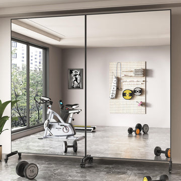 82"x44" Home Gym Rolling Mirror, Tempered‐Glass Floor Mirror with Wheels