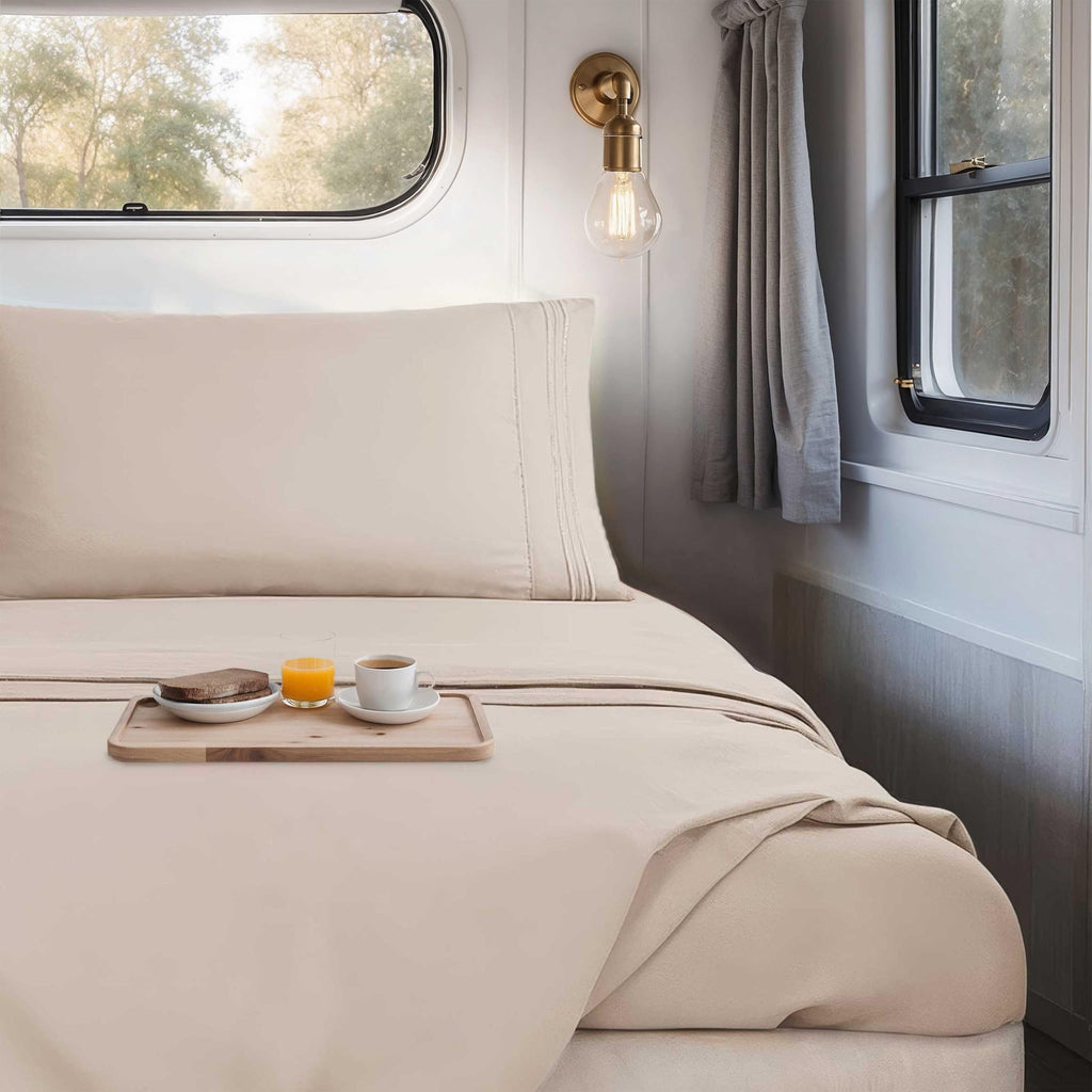 Short Queen Sheets for RV, Beige Cream RV Queen Sheets, Silky Soft 1800 Microfiber Bed Sheet for Camper, 4 Piece RV