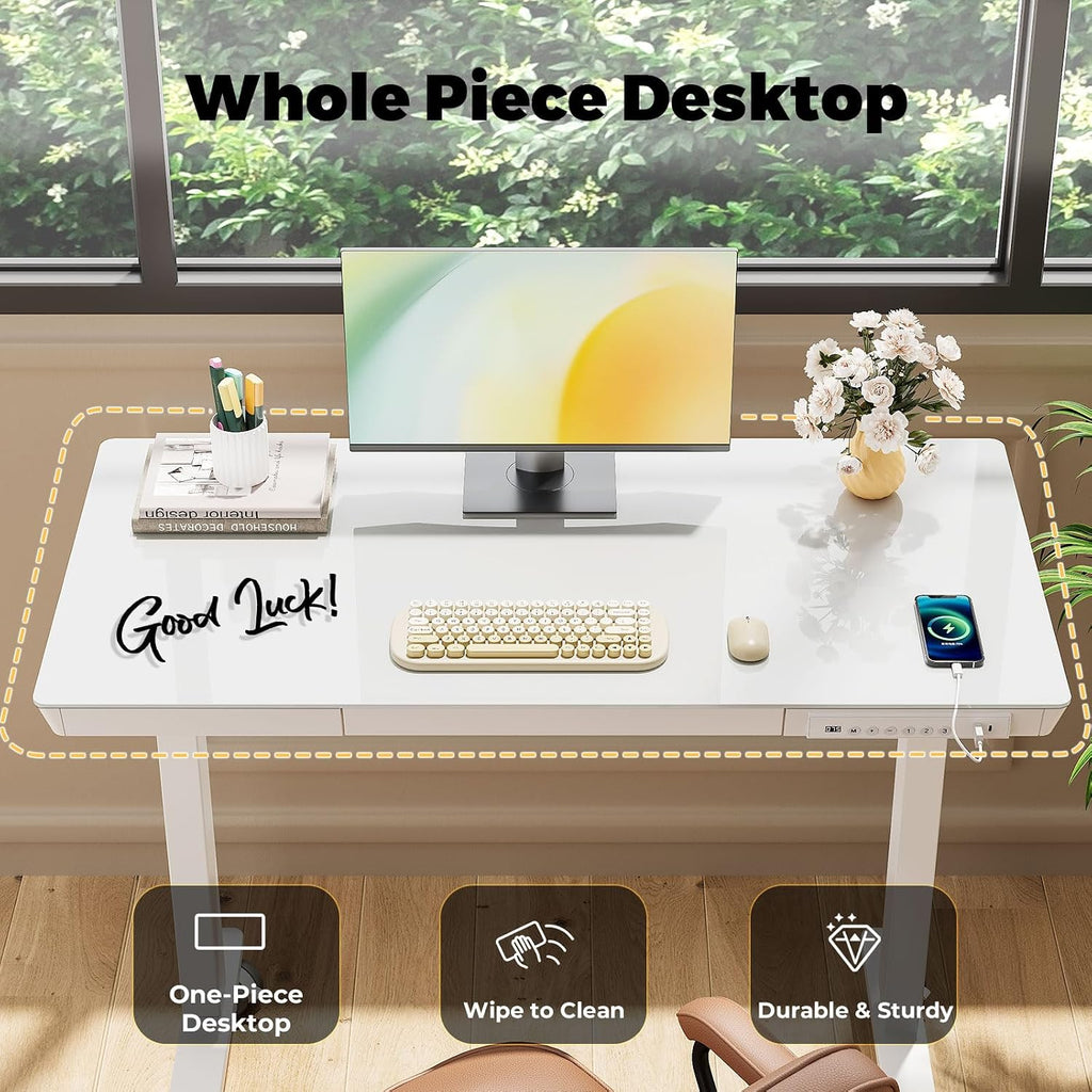 40" Glass Standing Desk with Drawer, Electric Stand up Desk | Height Adjustable Desk with One-Piece Tabletop & USB