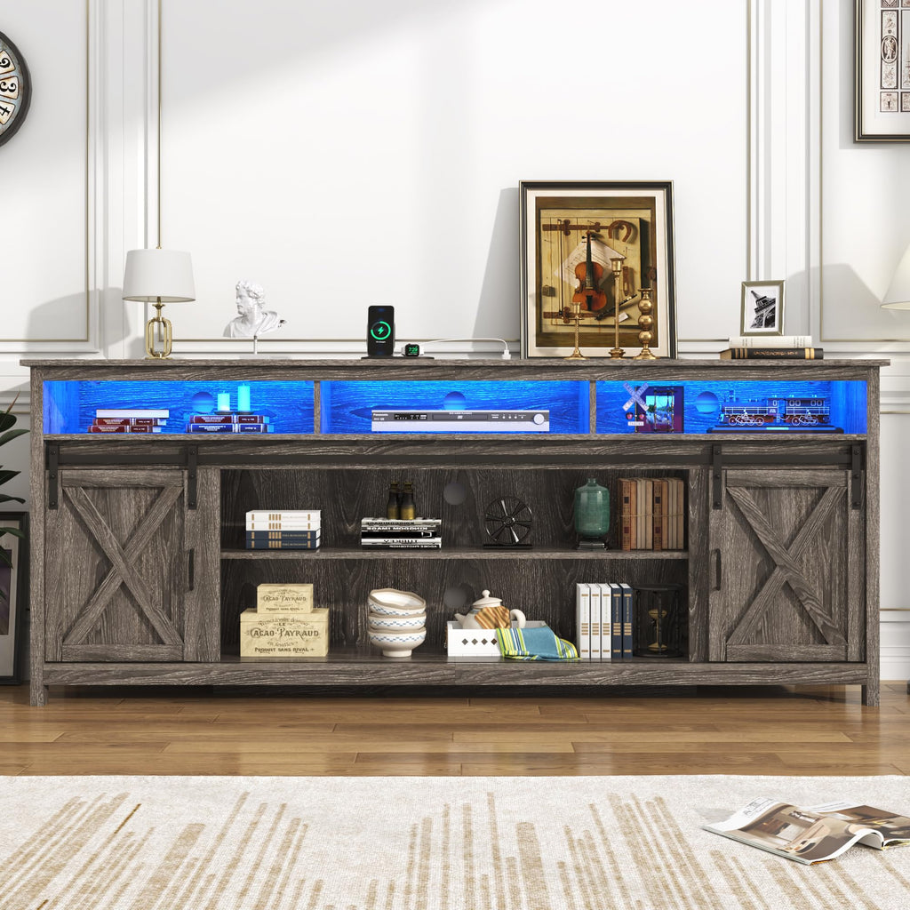 Farmhouse TV Stand for 90/85 inch TVs, Rustic Entertainment Center TV Cabinet Stands with Power Outlets, Grey